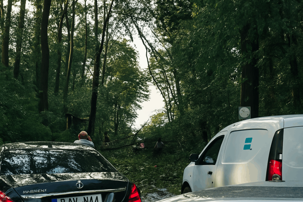 EXCLUSIV. Milionari blocați în pădurea de lux de la Stejarii! A căzut grindina, copacii s-au rupt, iar nimeni nu mișcă un deget!